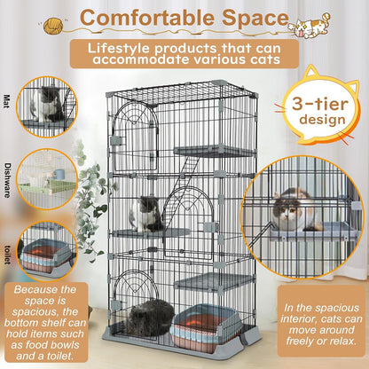 Cat Cage 3-Tier Indoor Cat Enclosure with Widen Bottom Buckle & Reinforced Locking Clamps DlY Cat Playpen for 2-3 Cats & Small Pets,33" Lx 24" W X 64" H (Green, Three-Tier64)