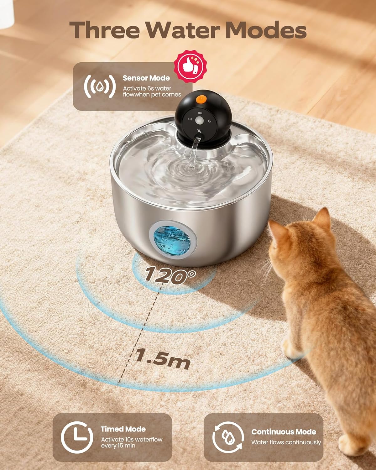 Wireless Cat Water Fountain Cordless: Battery Operated Stainless Steel Cat Fountains for Drinking - 88oz/2.6L Rechargeable Pet Water Fountain Indoor with Motion Sensor - Automatic Water Bowl Dispenser