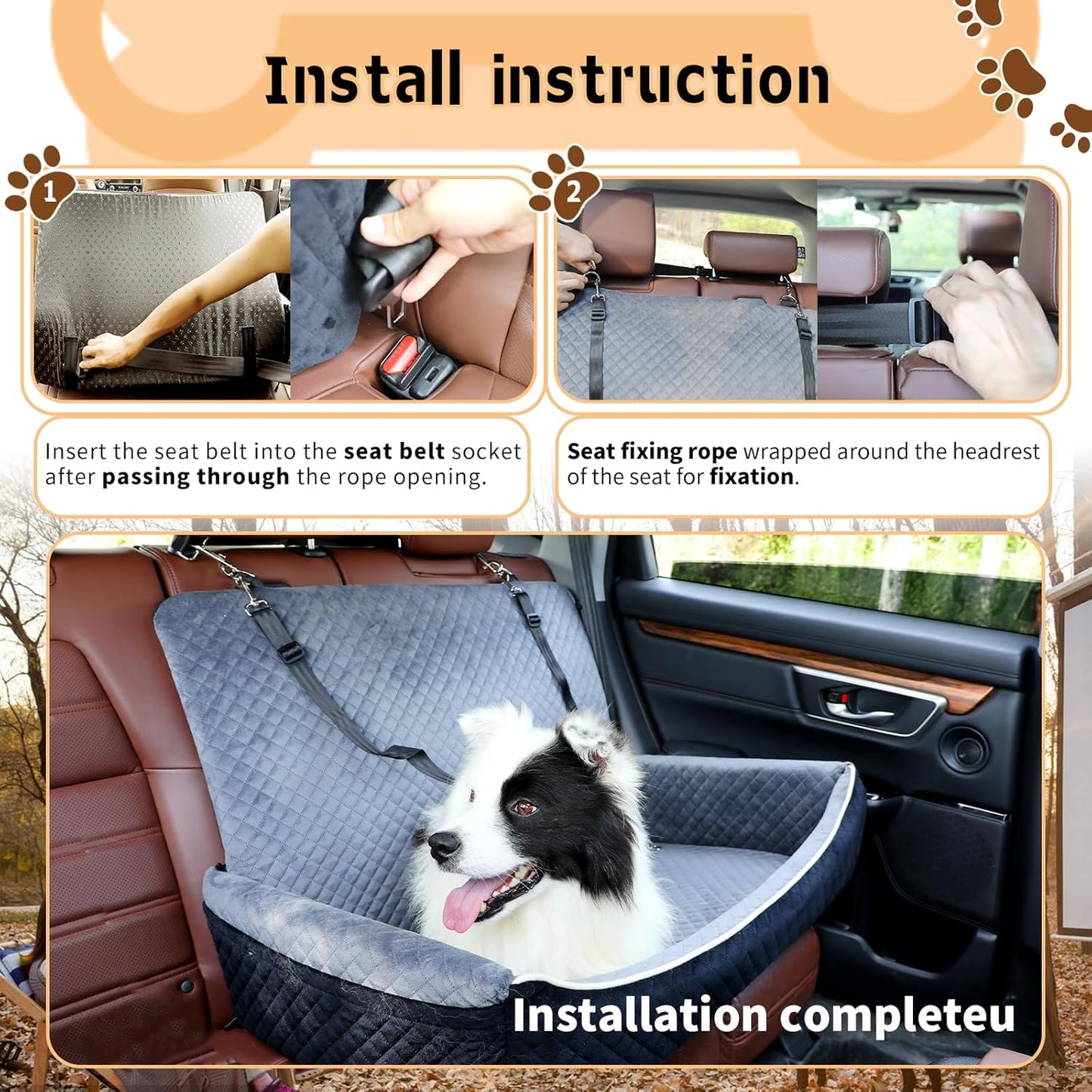 Large Dog Car Seat Under 60 lbs or 2 Small Dogs Dog Bed for Car Back Seat with Seat Belt Fixation The Seat Fabric Soft and Comfortable Removable and Washable.(Black Brown)