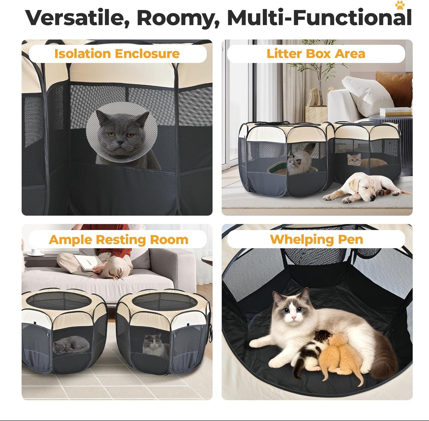 2-in-1 Pop Up Cat Playpen, Detachable into 2 Separate Pens, Assembly-Free Portable Puppy House Collapsible Dog Crates Pet Pen Tent Kennel Kitten Enclosure Cage Indoor Outdoor Foldable(M)