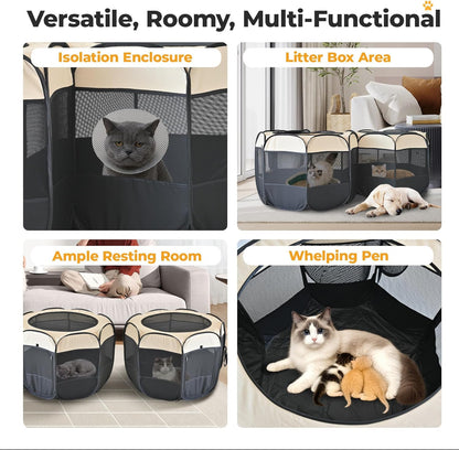 2-in-1 Pop Up Cat Playpen, Detachable into 2 Separate Pens, Assembly-Free Portable Puppy House Collapsible Dog Crates Pet Pen Tent Kennel Kitten Enclosure Cage Indoor Outdoor Foldable(M)