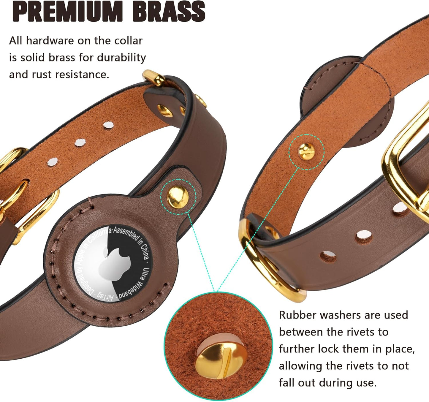 AirTag Dog Collar - Genuine Heavy Duty Leather Dog Collar with Apple AirTag Holder, Suitable for Small Medium Large Dogs (Brown, M, 13.6"-17.6" Neck Fit)