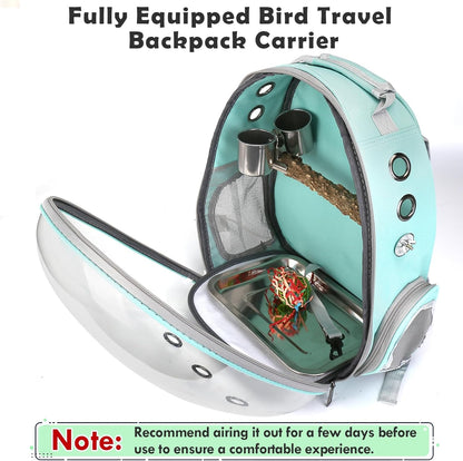 Bird Backpack Carrier with Perch, Portable Bird Travel Cage Bag, Clear Parrot Carrier Cockatiel Cage with Toy Stainless Steel Food Bowl Tray for Conures Parakeet Budgie Canary Lovebirds Small Animals