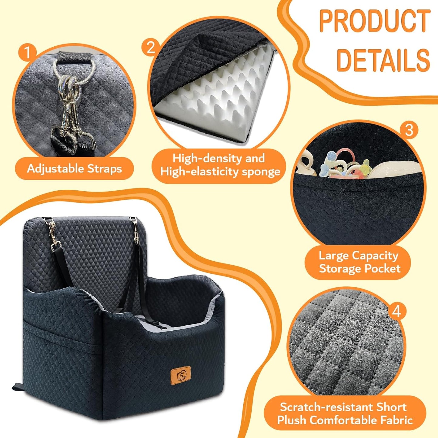 Memory Foam Dog Booster Seat Under 35 lbs, Medium Dog Car Seat, Comfortable Hi-Density Sponge Car Bed for Small/Medium Pets,Detachable and Washable Pet Travel Bed with 2 Adjustable Safety Belt