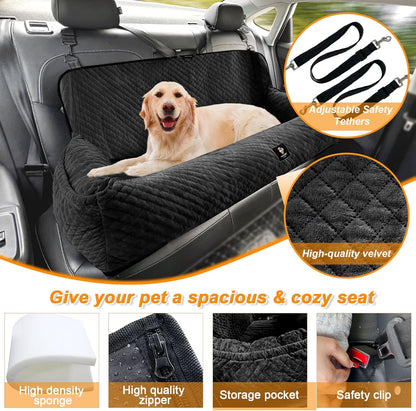 Dog Car Seat for Large Dog Car Bed Under 100LBS, Pet Booster Back Seat Removable Washable with Safety Tethers/Storage Pocket（Black）