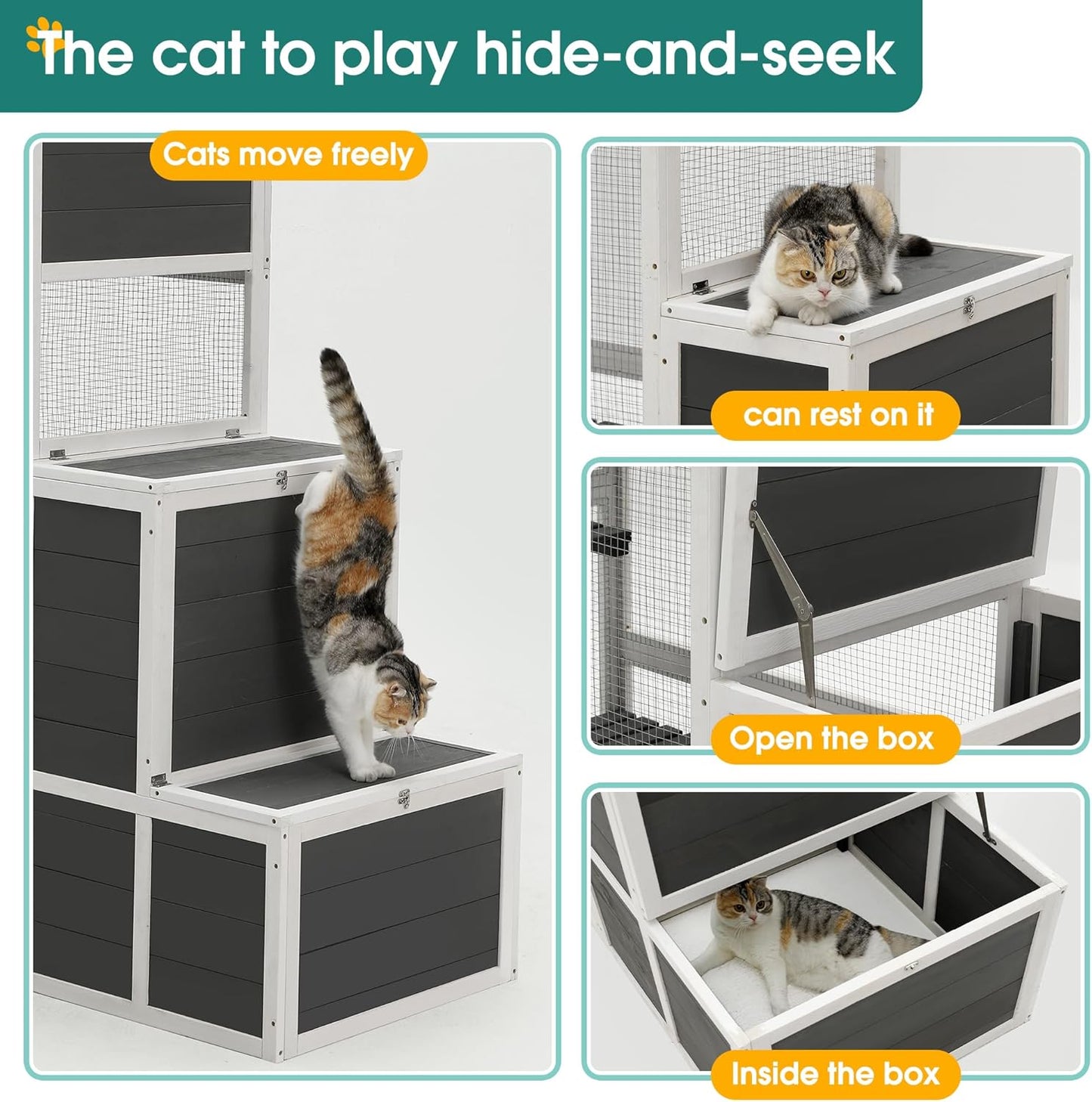 KEIKI Outdoor Cat Catio Enclosures 3-Tier Wooden Cat House with 4 Platforms and 2 Doors, Kitty House Shelter with a Jump Box for Hiding and Resting, 71"H Tall Kitten Cage for 1-3 Pets, UV-Proof, Gray