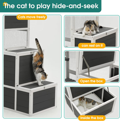 KEIKI Outdoor Cat Catio Enclosures 3-Tier Wooden Cat House with 4 Platforms and 2 Doors, Kitty House Shelter with a Jump Box for Hiding and Resting, 71"H Tall Kitten Cage for 1-3 Pets, UV-Proof, Gray