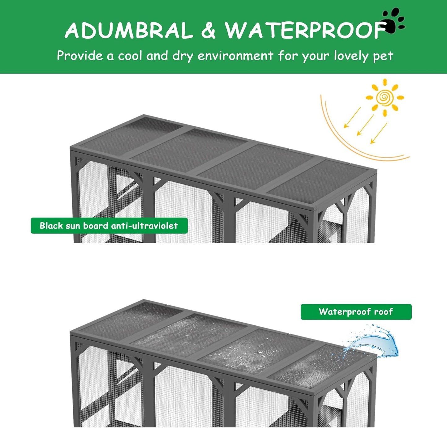 GREAZ Spacious Outdoor Cat Enclosure with Six Platforms, Waterproof Roof, Large Entry Door, Sturdy Wooden Frame, Grey