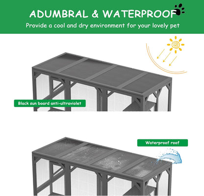 GREAZ Spacious Outdoor Cat Enclosure with Six Platforms, Waterproof Roof, Large Entry Door, Sturdy Wooden Frame, Grey