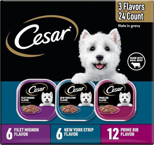 Cesar Filets in Gravy Adult Wet Dog Food Variety Pack, Filet Mignon, New York Strip and Prime Rib Flavors, 3.5 oz. Easy Peel Trays, Variety Pack of 24