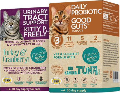 Meowbiotics Cat Probiotics Powder– Good Guts Digestive Health & Kitty P. Freely Variety Pack – Immune Support, UTI & Kidney Care – Food Topper Supplement – Made in USA – 30-Day Supply Each