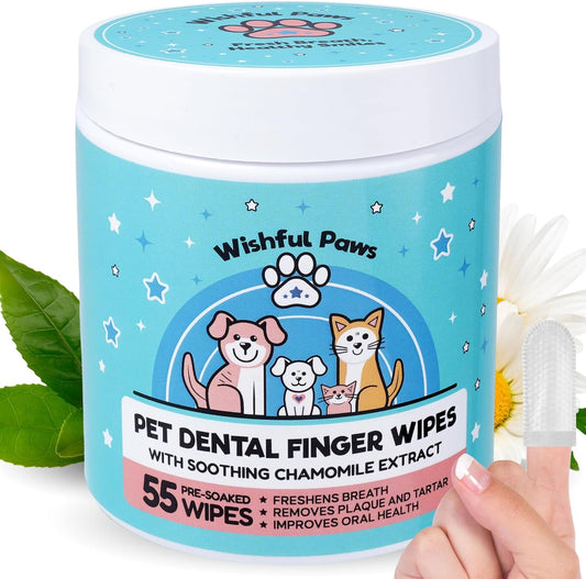Dog Teeth Cleaning Wipes - Dog Tooth Brushing Kit - Dog Toothbrush Finger Wipes - Removes Plaque & Tartar, Dog Breath Freshener - No-Rinse Pet Dental Care for Dogs & Cats - Easy Use - 55 Count