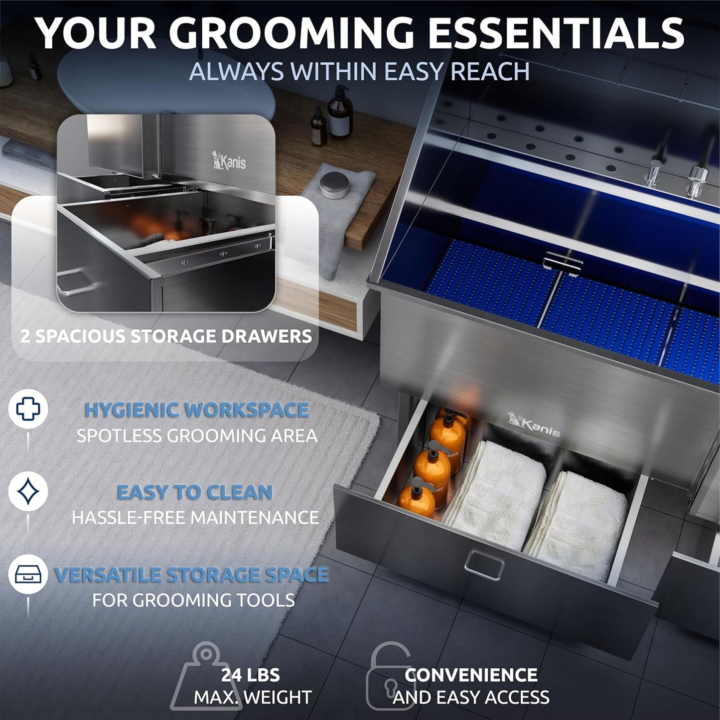 KANIS Professional Dog Washing Station - 304 Stainless Steel Pet Wash Sink & Grooming Bathtub w/Shower, Floor Grates and Storage for Large, Medium & Small Pets (50", 2 Drawers - Right Ramp)