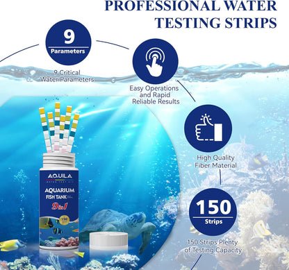 Aquarium Water Test Kit 9-in-1, Aquarium Ammonia Test Strips for Fish Tanks and Ponds, 150 Strips Testing pH Total Alkalinity Hardness Chlorine Nitrite Sulfate Copper Iron for Fresh and Salt Water