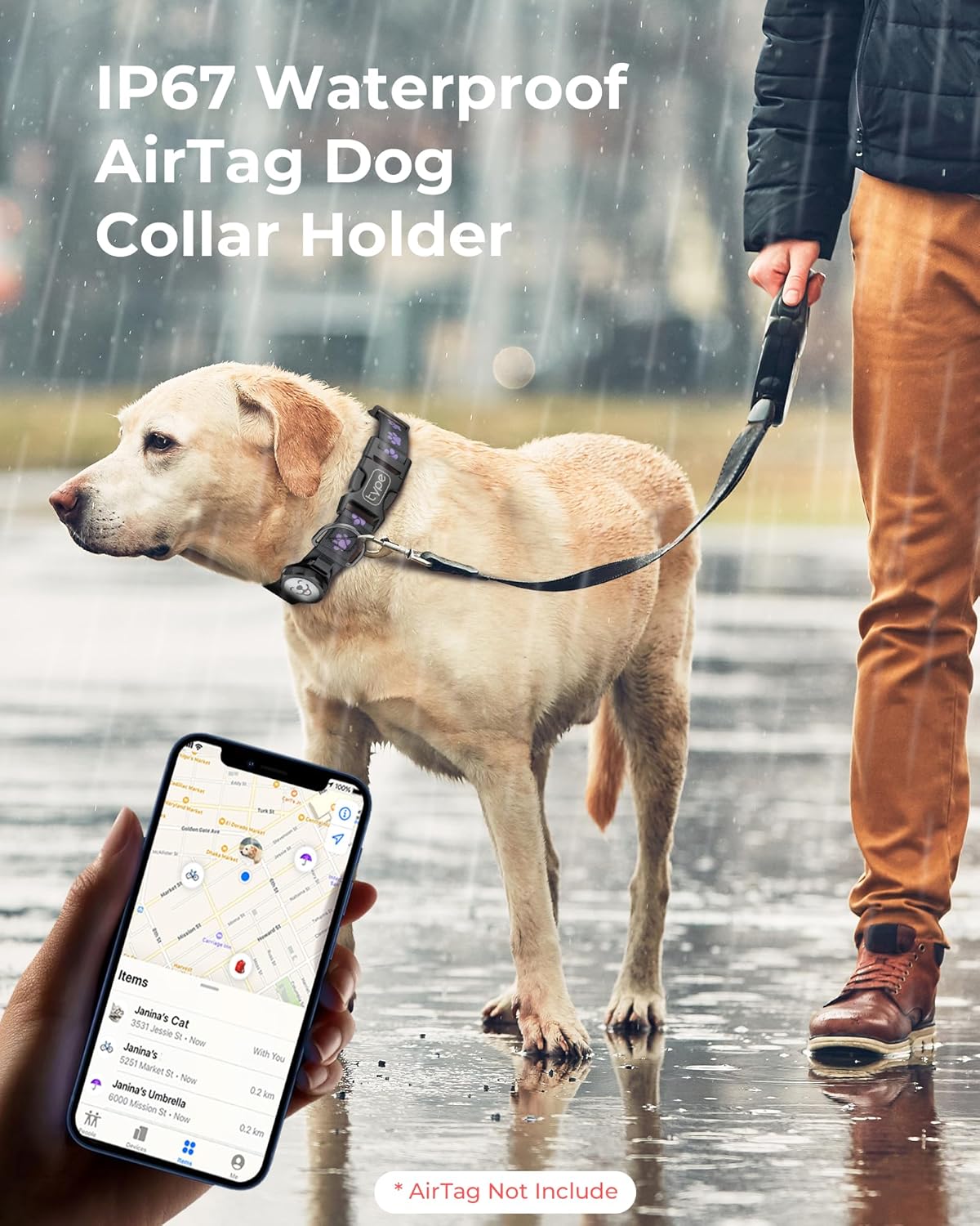 Dog Collar with Airtag Holder, IP67 Waterproof Reflective AirTag Dog Collars for Medium & Large Dogs, Adjustable Pet Collar with Twist-Lock Holder & Green Glow for Night (M, 11.8"-15.9", Black)