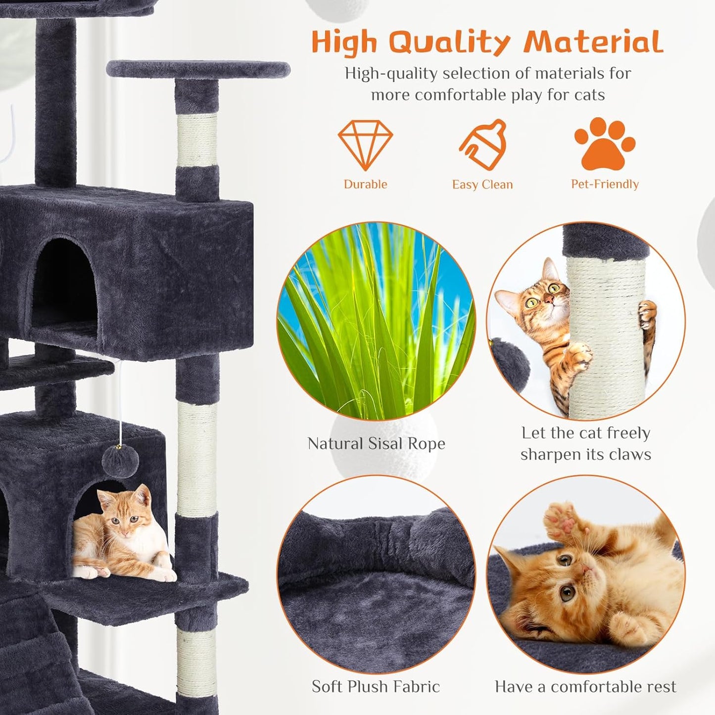 FluffyDream Cat Tree Tower for Indoor Cats, 54 Inches Multi-Level Activity Cat Tree with Sisal Scratching Posts Cat Play House Condo for Large Cat Kittens, Gray