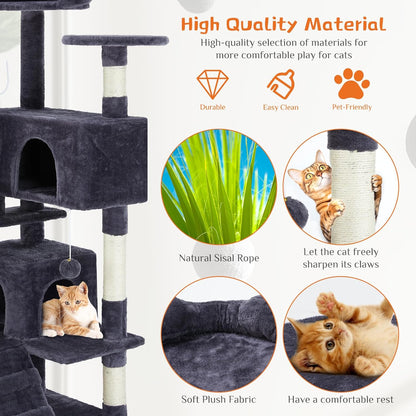 FluffyDream Cat Tree Tower for Indoor Cats, 54 Inches Multi-Level Activity Cat Tree with Sisal Scratching Posts Cat Play House Condo for Large Cat Kittens, Gray