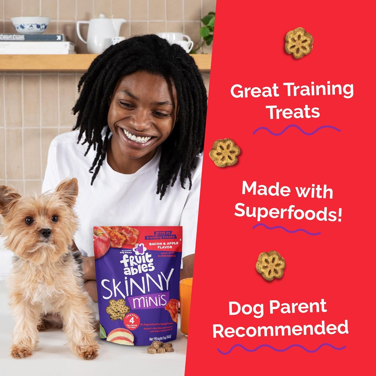 Fruitables Skinny Mini Dog Treats, Healthy Sweet Potato Treat for Dogs, Low Calorie & Delicious, Puppy Training, No Wheat, Corn or Soy, Made in the USA, Bacon and Apple Flavor, 5oz