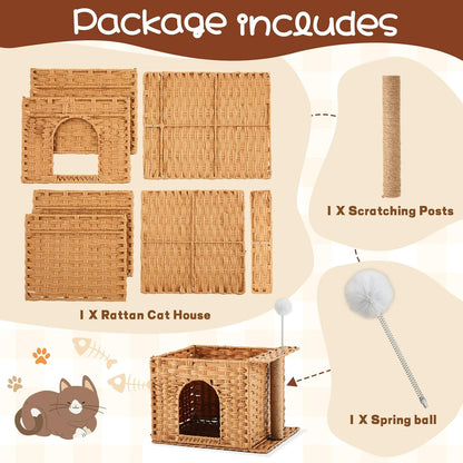 Rattan Cat Bed Cave Indoor Kitten House, Handwoven Hidden Cat Litter Box Enclosure Furniture, 18.5 x 13.78 x 12.6 Inches Pet Cube House, Foldable, Hideaway, with Fluffy Ball and Sisal Post