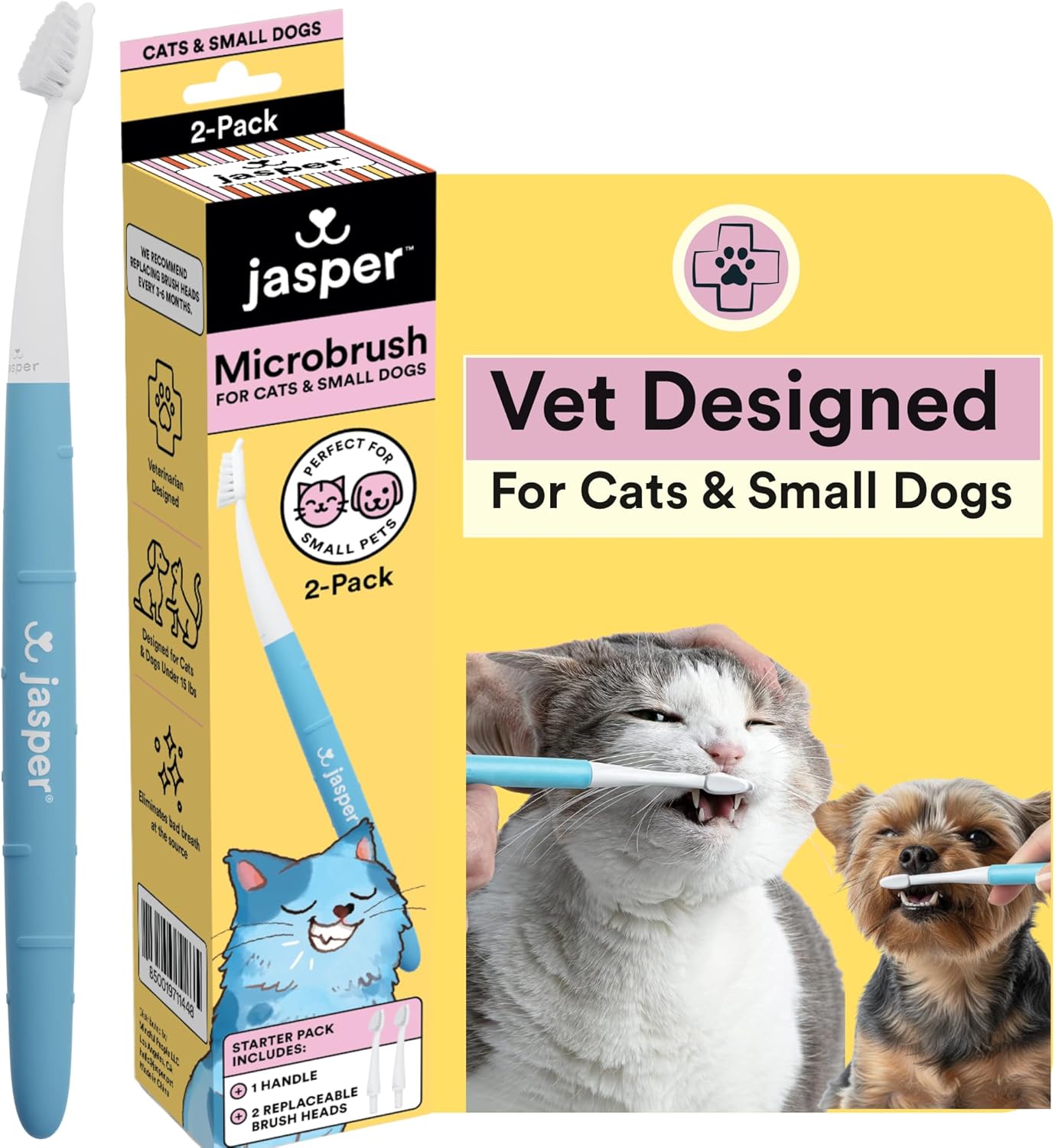Jasper Microbrush Vet Approved Cat Toothbrush, Soft-Bristled Toothbrush Kit for Felines & Small Dogs, Non-Slip Handle with 2 Replaceable Tooth Brush Heads, Use with Cat Toothpaste