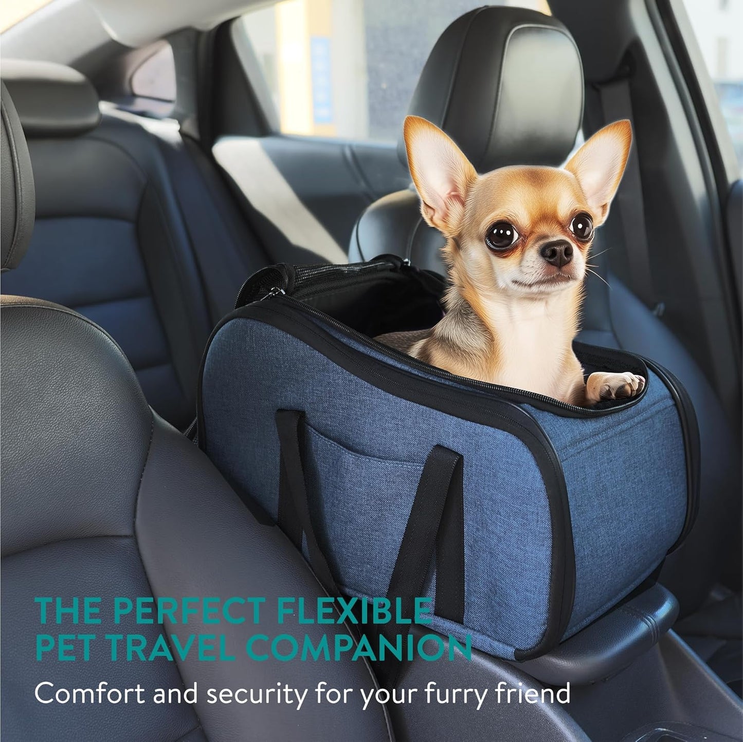 Navaris Dog Car Seat - Secure and Comfortable Pet Carriers for Small Dogs - Centre Console Car Seats - Booster and Bed with Zipper, Leash, and Cushion - Cat, Dog & Puppy Travel Bag