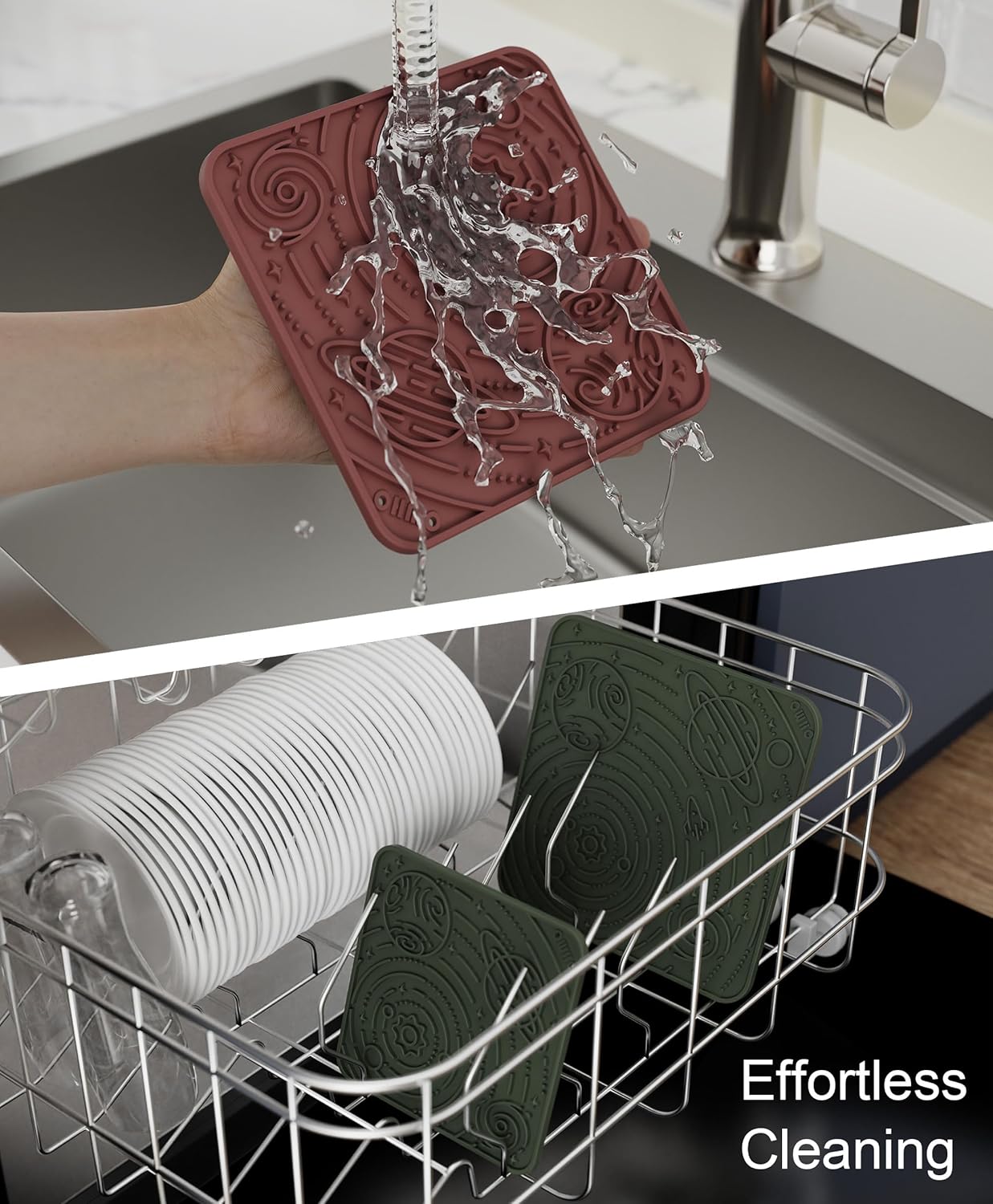 OHMO Lick Mat for Dogs and Cats(Small, Camo&Light Green, 2pcs)&No Spill Collapsible Dog Water Bowl