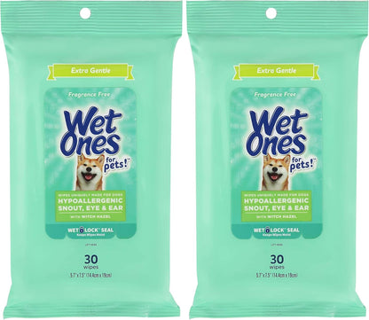 Wet Ones for Pets Extra Gentle Hypoallergenic Dog Wipes with Witch Hazel for Snout, Eye, Ear | Fragrance-Free for All Dogs with Wet Lock Seal | 30 Ct Pouch (Pack of 2)