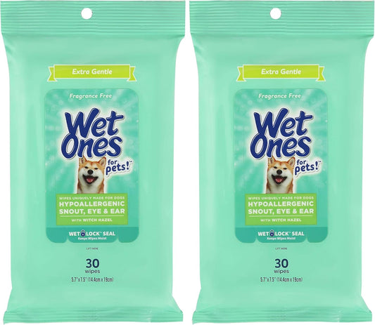 Wet Ones for Pets Extra Gentle Hypoallergenic Dog Wipes with Witch Hazel for Snout, Eye, Ear | Fragrance-Free for All Dogs with Wet Lock Seal | 30 Ct Pouch (Pack of 2)