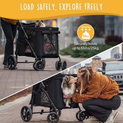 Scout Pet Stroller, 4-Wheel Design for Small/Medium Dogs - One-Button Fold, Adjustable Mesh Windows & Shades, 360° Swivel Front Wheels, Rear Wheel Brake for Safety, Black