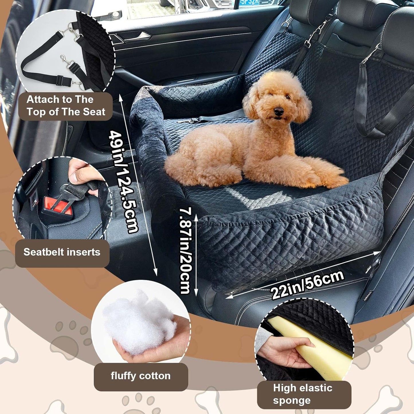 Suzile Dog Car Seat Bed for Large Under 100lbs Pet Booster for Back Seat Fully Detachable Washable with Safety Tethers Comfortable Protector for Home Travel Camping, 49'' x 22" (Black for Large Dogs)