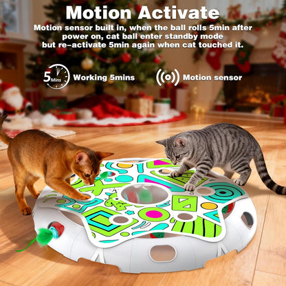 Cat Toys Maze Game Automatic Hide N Seek Cat Toy for Indoor Cats, Motion Activated Cat Ball with 3 Modes, Extra Feather & Bell Ball