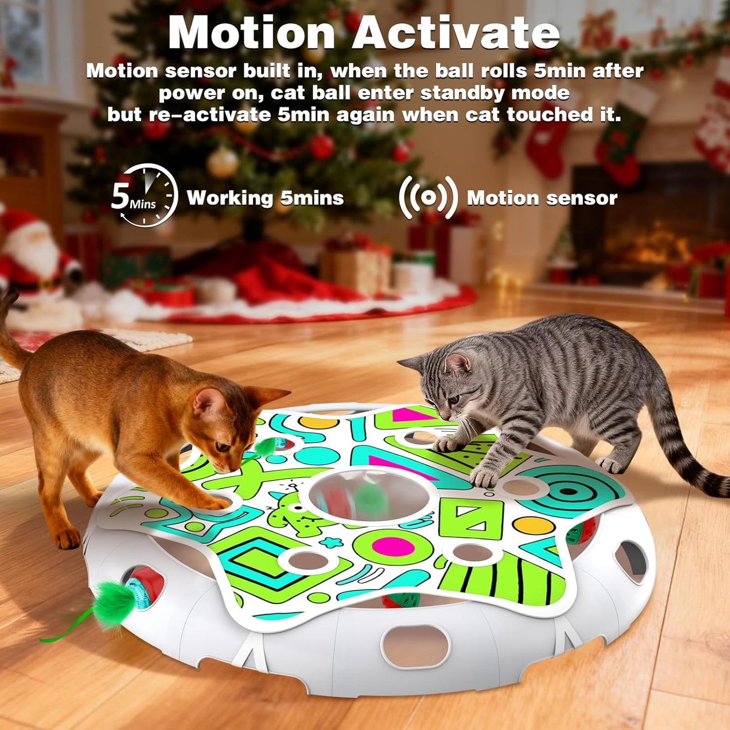 Cat Toys Maze Game Automatic Hide N Seek Cat Toy for Indoor Cats, Motion Activated Cat Ball with 3 Modes, Extra Feather & Bell Ball