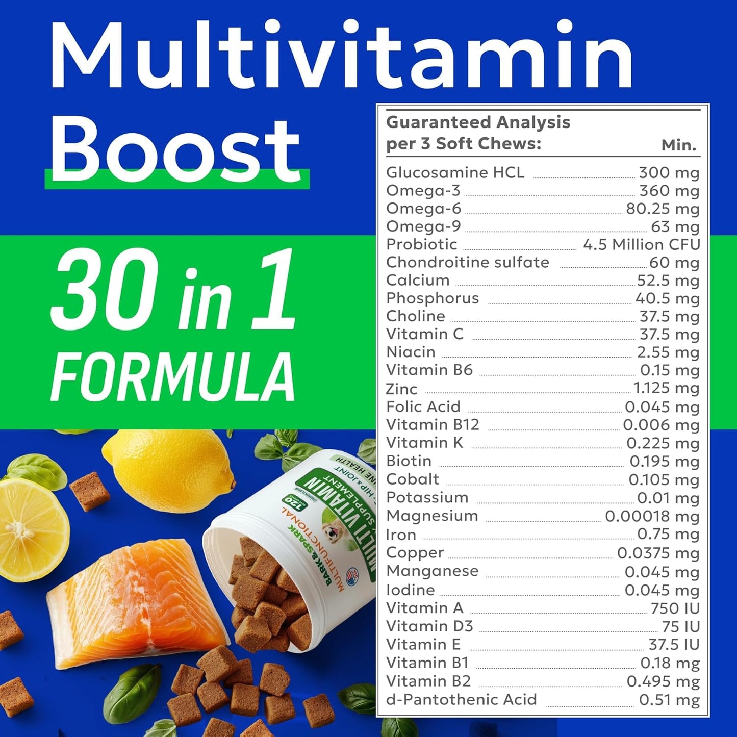 BARK&SPARK Dog Vitamins & Supplements - Multivitamin Chewable Treats for Dogs - Glucosamine Chondroitin for Joint Support + Omega for Skin & Coat + Probiotics - Multi Vitamin for Pets Health - 60Ct