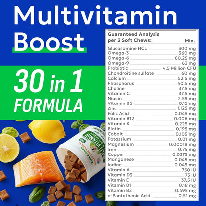 BARK&SPARK Dog Vitamins & Supplements - Multivitamin Chewable Treats for Dogs - Glucosamine Chondroitin for Joint Support + Omega for Skin & Coat + Probiotics - Multi Vitamin for Pets Health - 60Ct