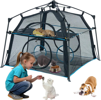 Large Catio Outdoor Cat Enclosure,2 Tier Cat Tent, Spacious, Sturdy Outdoor Catio,Portable and Foldable Playpen Play Tents for Cats Kitten and Small Animals,Two Doors Design(Patented)+3 Tunnels