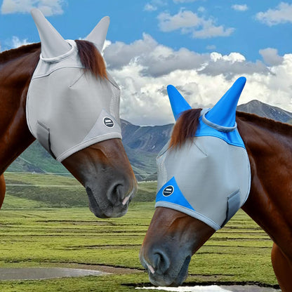 Horse Fly Mask, Adjustable Fly Masks for Horses with Ears, Breathable and 70% UV Protection, Comfort Mesh Without Nose Cover, Horses Accessories (Grey, Blue, Small)