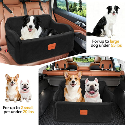 Dog Car Seat for Medium/Large Dogs, Memory Foam Pet Booster Seat for Under 55 lbs or 2 Small Dogs, Detachable Washable Dog Car Bed for Backseat with 2 Safety Leashes and Pockets(Black, Large)