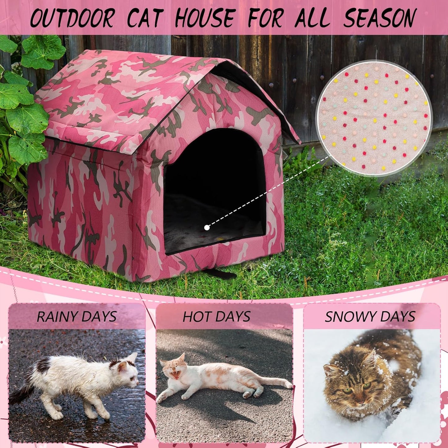 3 Set Waterproof Stray Cats Shelter Cat Houses for Outdoor Winter Warm Foldable Pet Cave with Soft Blankets Animal Tent Bed for Winter Feral Puppy Weatherproof(Style 2,Pink)