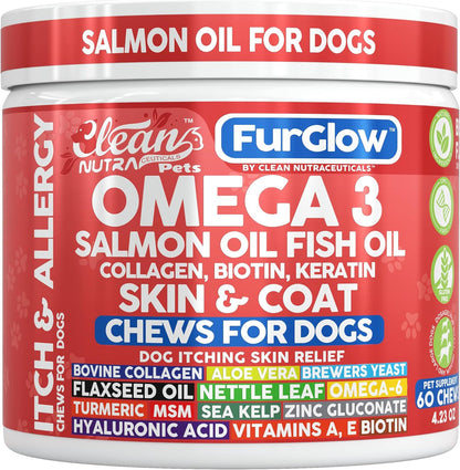 FurGlow Skin and Coat Supplement for Dogs Salmon Oil Omega 3 Fish Oil Turmeric Collagen Aloe Vera Flaxseed Oil Hyaluronic Acid Biotin Keratin Aloe Vera Allergy Relief Beef Flavor | Clean Nutra Pets