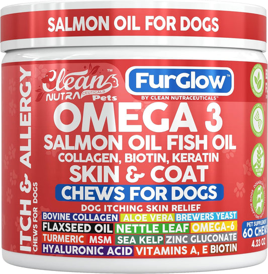 FurGlow Skin and Coat Supplement for Dogs Salmon Oil Omega 3 Fish Oil Turmeric Collagen Aloe Vera Flaxseed Oil Hyaluronic Acid Biotin Keratin Aloe Vera Allergy Relief Beef Flavor | Clean Nutra Pets