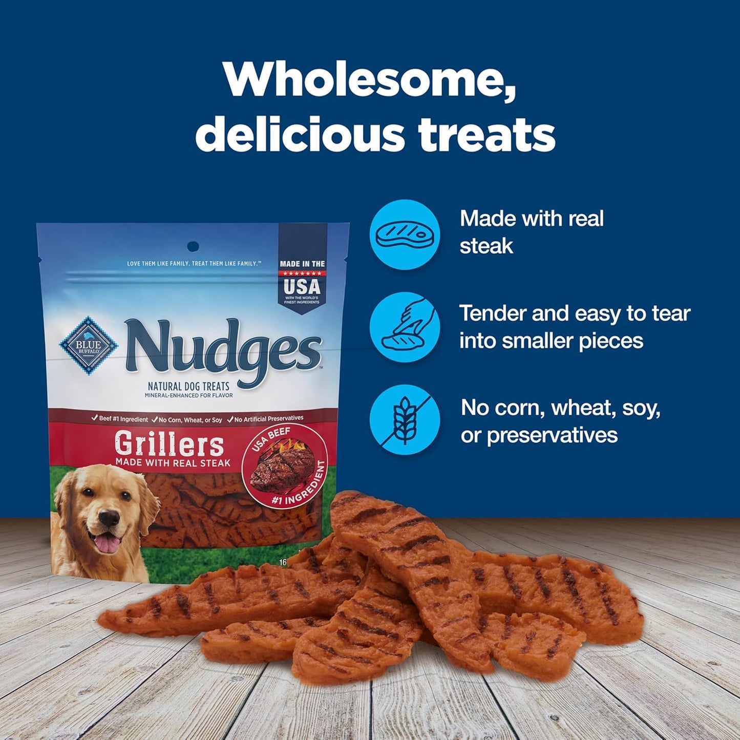 Blue Buffalo Nudges Grillers Natural Dog Treats, Made in the USA with Real Steak, 16-oz Bag