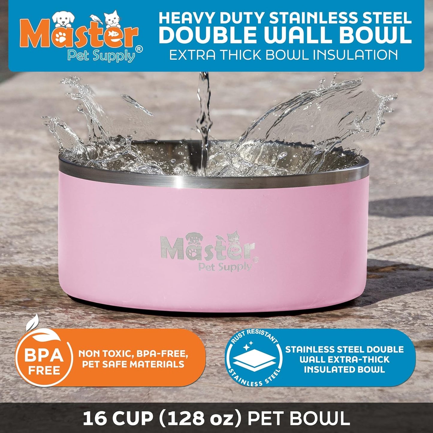 Master Pet Supply Stainless Steel Dog Bowls - 128 oz, Heavy Duty - Rose Quartz, Double Wall Extra-Thick Insulated, Non-Slip Pet Water Bowl for Dogs, Cats & Pets, Anti Rust Metal, Dish Washer Safe