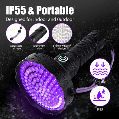 Rechargeable UV Flashlight,128 Led 395nm Black Light, Pet Urine & Stain Detector for Dog/Cat, Bed Bugs, Curing Resin, Durable and Long Lasting