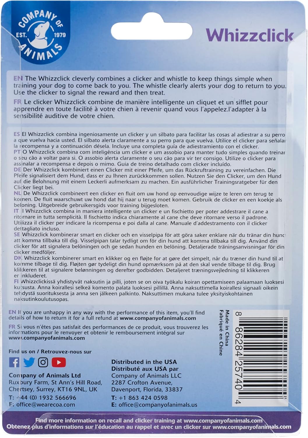 Company of Animals Whizzclick, Clicker and Whistle Combined, Recall and Reward Training, Wrist Strap, for All Dogs Including Sensitive Dogs and Puppies (Pack of 2)