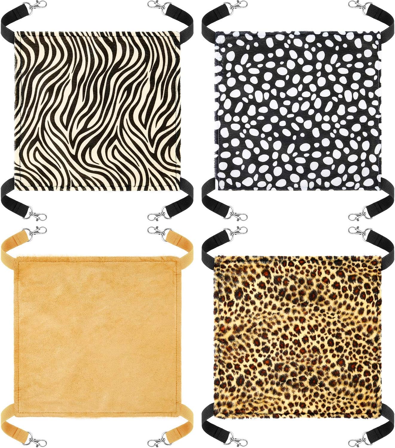 Boao 4 Pcs Guinea Pig Hammock Rat Hammock for Cage Small Animals - Chinchilla Parrot Sugar Glider Ferret (Leopard, Zebra, Black and White Dots, Camel)