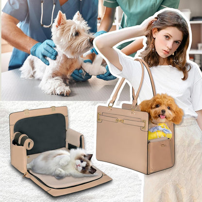 2-in-1 Stylish Dog Purse Carrier Soft-Sided Carriers Travel Tote Bag for Small Dogs Cats, Fashion Foldable Pet Bag for Puppies Small Animals with Pockets (Khaki, 15" L x 7.5" W x 12.2" H)