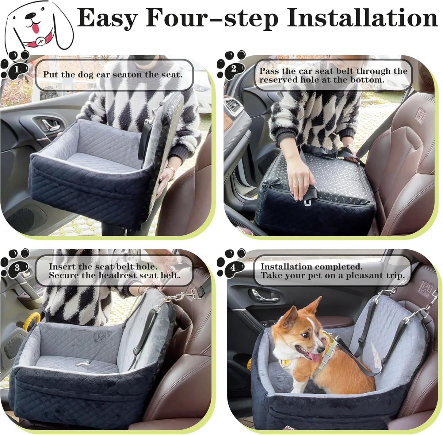 Dog Car Seat for Small Dogs,2 Adjustable Safety Puppies Leashes,Memory Foam with Soft Fabric Pets Travel Car Bed with Non-Slip Bottom,Easily Installed in Front and Back Seats,Removable and Washable.