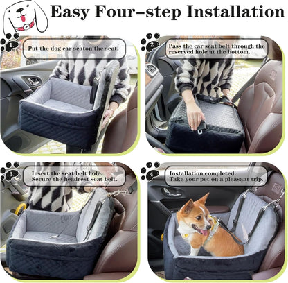 Dog Car Seat for Small Dogs,2 Adjustable Safety Puppies Leashes,Memory Foam with Soft Fabric Pets Travel Car Bed with Non-Slip Bottom,Easily Installed in Front and Back Seats,Removable and Washable.