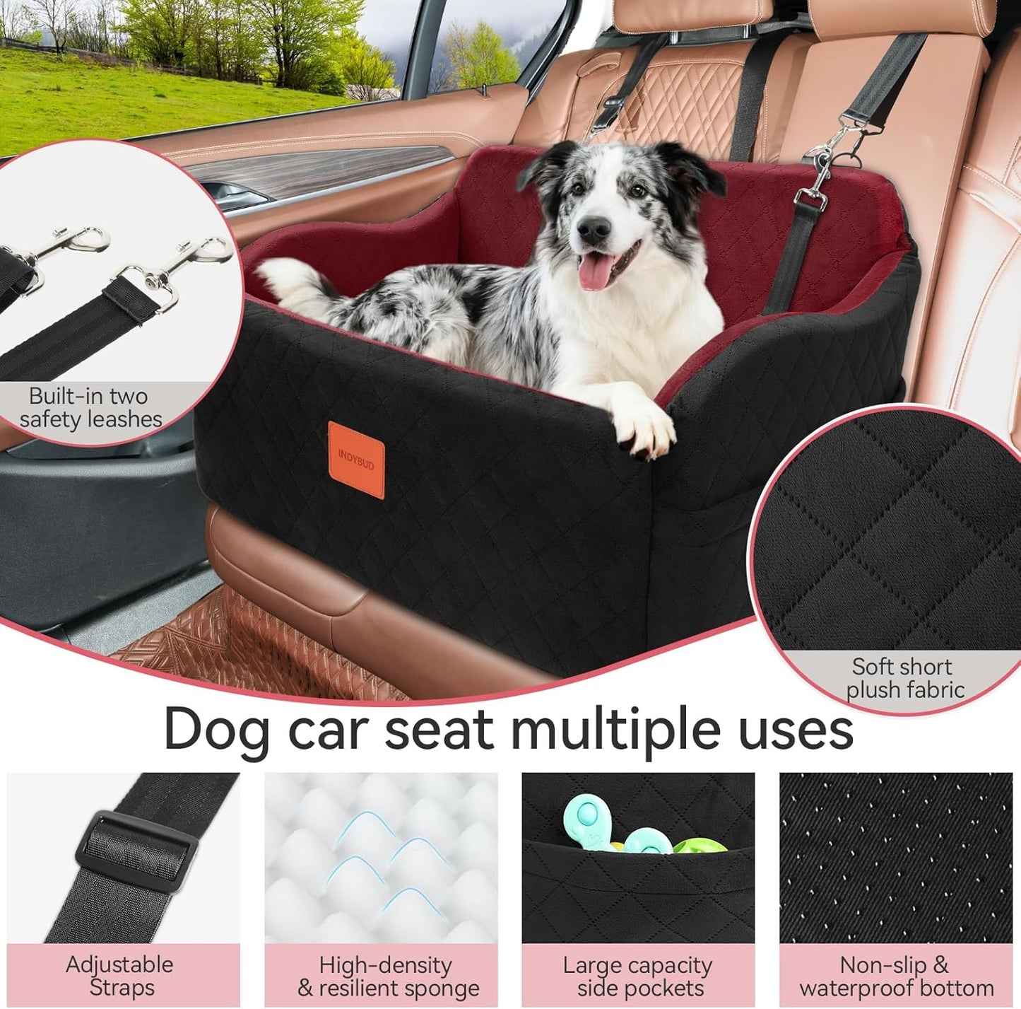 Dog Car Seat for Medium/Large Dogs, Memory Foam Pet Booster Seat for Under 55 lbs or 2 Small Dogs, Detachable Dog Car Bed for Backseat with 2 Safety Leashes and Pockets (Black/Red, Large)