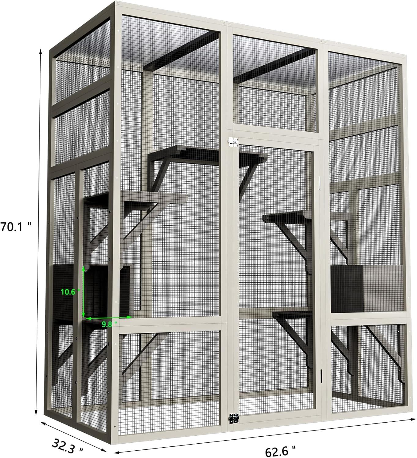 71" Large Outdoor Catio for Cats, Wooden Walk-in Cat Enclosure with Weatherproof Roof, Catio Outdoor Cat Enclosure with 5 Platforms & 2 Cozy Napping Boxes